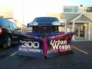 Snow plow wrapped with General Formulations MotoMark advertising Plow Wraps for 300 dollars by Urban Wraps